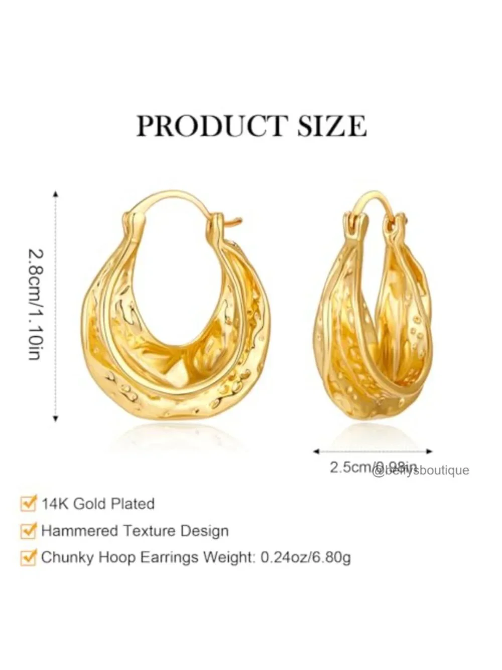 Chunky Hoop Earrings 14K Gold Plated Hammered Texture Thick Wide Hoops